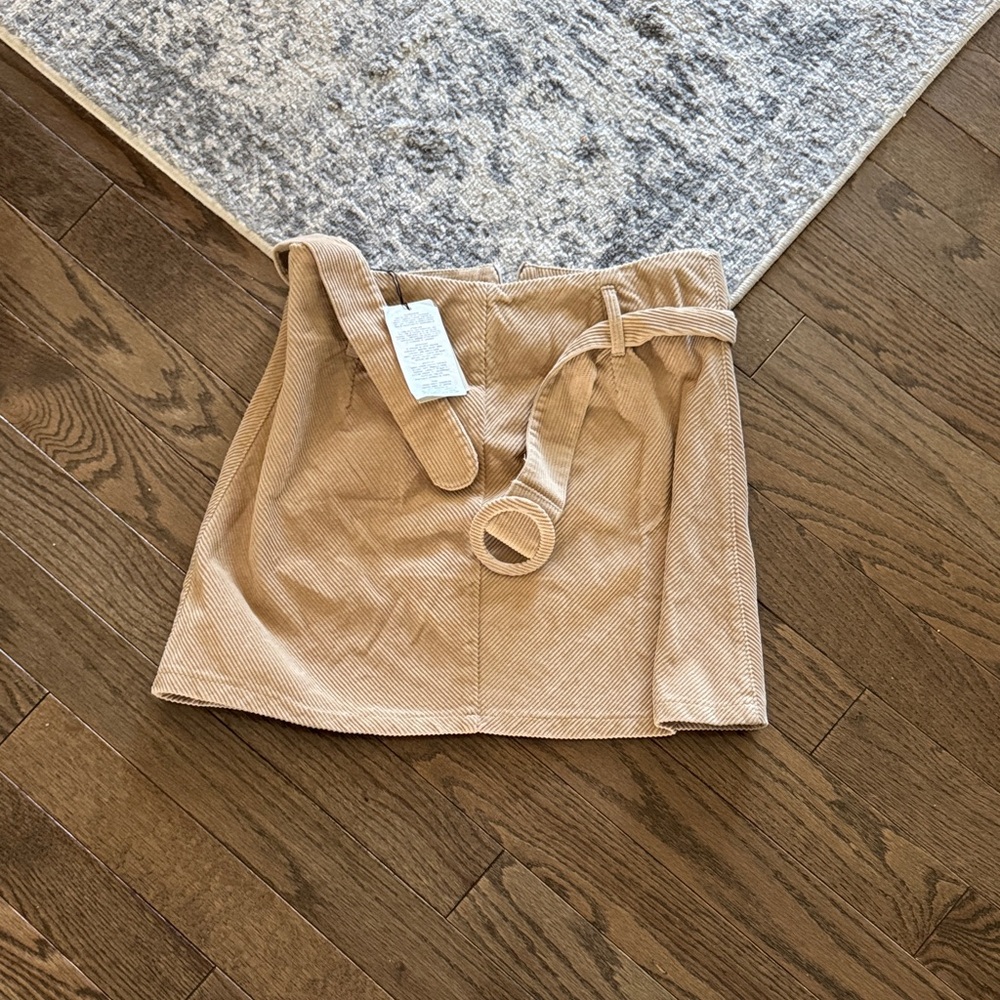 Corduroy Mini Skirt with Belt - Tan - Picture 2 of 5